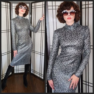 80s St John Knit Silver Sequined Dress Mock Neck Metallic / M 