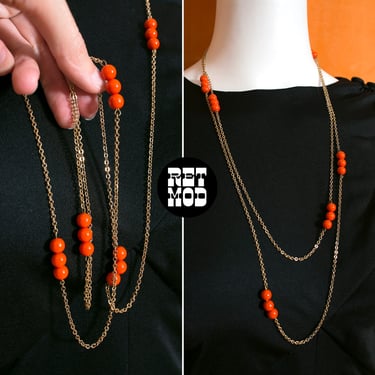 Fun Vintage 60s 70s Orange Beaded Gold Chain Long Necklace - Wear Long or Doubled 