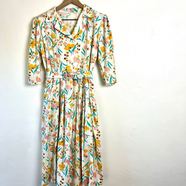 vintage 50s 60s belted swing dress / rockabilly pinup dress / midcentury floral dress / 1950s vintage dress / 1960s pleated dress / size 8 