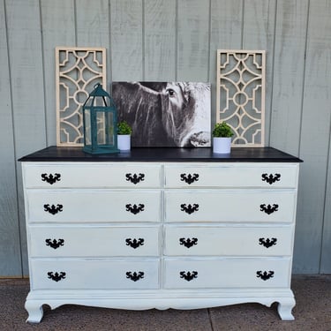 White Distressed Dresser with Black Top