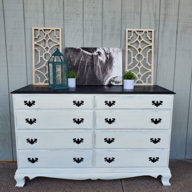 White distressed dresser with dark deals top