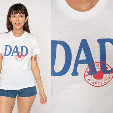 Dad T-Shirt 80s Seal of Affection Graphic Tee Retro TShirt Cute Father Gift Thin Soft Single Stitch White Fathers Day Vintage 1980s Small xs 