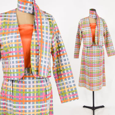 1980s Plaid Ribbon Skirt Suit | 80s Blue & Orange Plaid Suit | Laguna Junction | Medium 