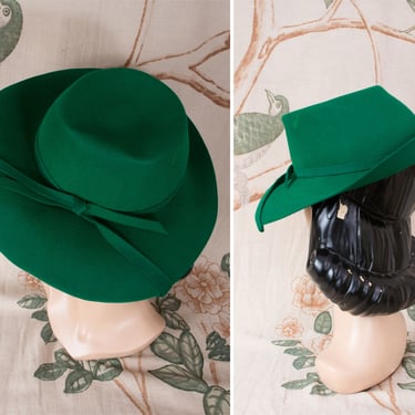 1940s Hat - Rare Vintage 40s Emerald Green Wool Stetson Fedora with Fantastic Brim Treatment and Jaunty Crown 