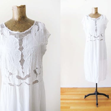 Vinage 80s White Bali Cutwork Dress S M - 1980s Bohemian  Crochet Peekaboo Cutout Tropical Cover Up Sundress 