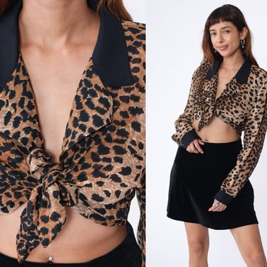 Cheetah Print Crop Top 90s Tie Front Blouse Animal Leopard Jungle Cropped Shirt Long Sleeve Collared Party Glam Sexy Vintage 1990s Large L 