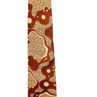 Vintage 60s Mens Necktie Psychedelic Brown Beige Print Abstract Plasma 