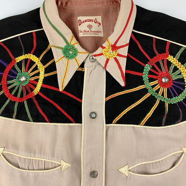 1940'S Western Shirt- Rayon Gabardine - DIAMOND JIM - Rainbow Colored Ribbon Embroidery - Rhinestone Snap Buttons - Men's LARGE 