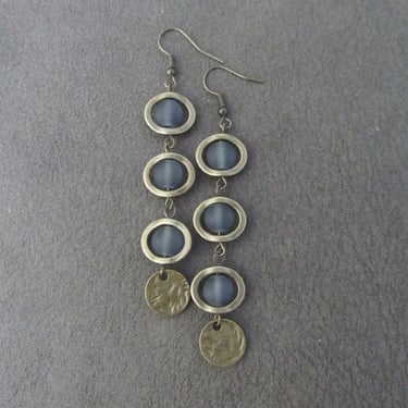 Long bohemian gray frosted glass and bronze earrings 