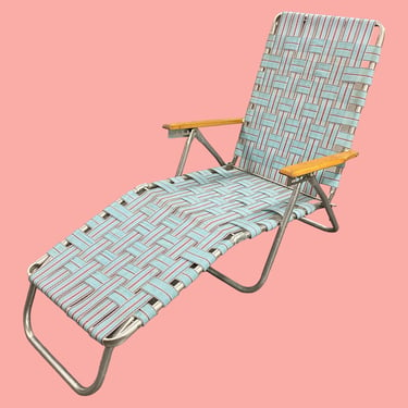 Vintage Lawn Chaise Lounge Retro 1970s Silver Aluminum Frame + Folds Up + Light Blue and Pink + Webbing + Outdoor Seating + Patio Furniture 