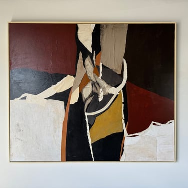 Large 1980's Mid-century Mixed Media Collage Expressionist Abstract Painting By J. Varga 