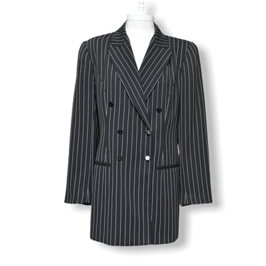 Vintage Hugo Buscati Black Pin Striped Blazer Womens Double Breasted Jacket M/L 