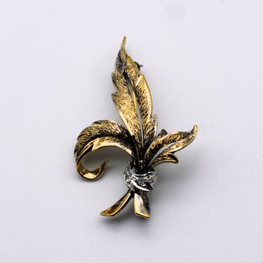 Dainty 40's gilded 925 silver rhinestone leaves pin, sterling vermeil bling bouquet brooch 