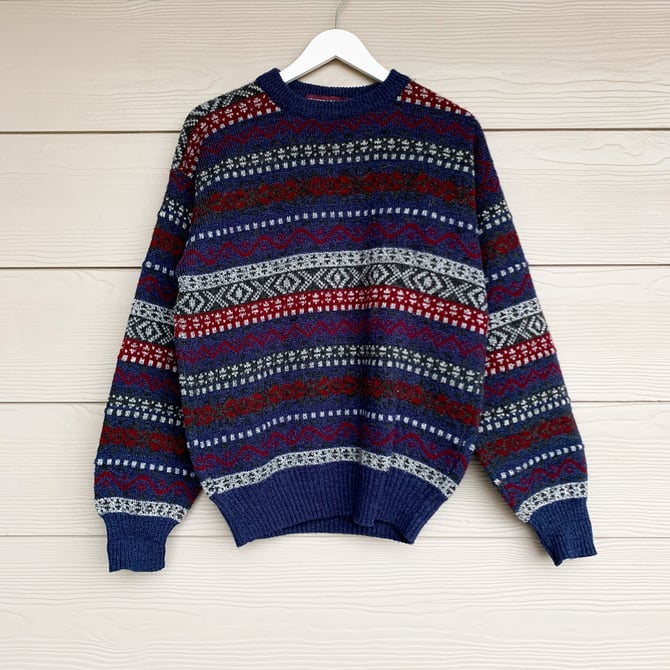 Vintage Italian Alpine Sweater, John Ashford Italian Made Striped Womens/Mens Pullover, Multicolor ZigZag Embroidered Crewneck Sweater 