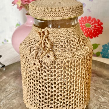 Crocheted Covered Jar, Canister, Cotton Crochet, Vintage Organization, Vanity Top, Mid Century 