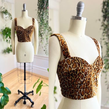 Vintage 1990s Bustier | 90s Leopard Print Velvet Faux Fur Cropped Bra Top | small 