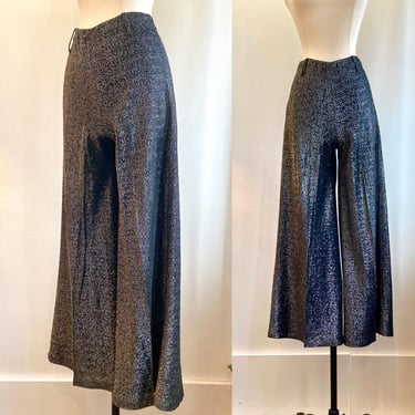 Vintage 70s SILVER LAME Wide Leg Pants  / Sparkly PALAZZO Pants / Belt Loops + High Rise + No Pockets 