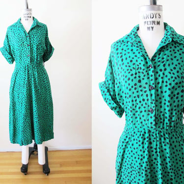 Vintage 80s Green Black Polka Dot Dress S M - 1980s Shirtwaist Button Chest Midi Dress 