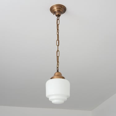 Kitchen Lighting - White Glass Pendant - Chain Hung Fixture - Brass Light 