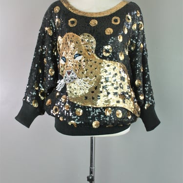 1980's Leopard Sequined Embellished Top// Batwing Cocktail Blouse// by Simply Tops- Marked Size XL 