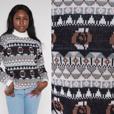 Geometric Sweater 80s 90s Knit Fair Isle Sweater Mock Neck Pullover Floral Diamond Print Black White Grey Brown 1990s Vintage Acrylic Medium 