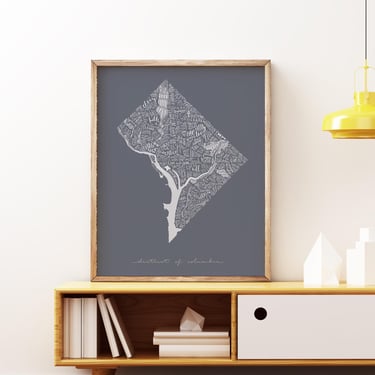 Washington, DC Neighborhoods Map Poster in Gray // Multiple Sizes Available 