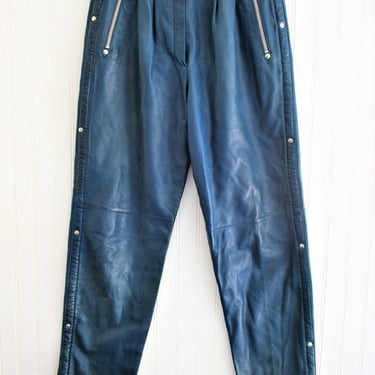 1980s - Claude Montana - Designer - Paris- Leather Pant - High Waisted - Dark Blue - Marked size 42 FR - US size 10 