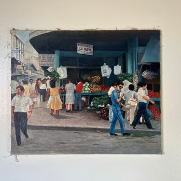 1980's Napoleon Havana Cuba Street Market Scene Oil Painting 