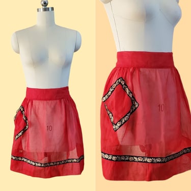 1950s Half Apron in Organza with Metallic Rose Trim - Vintage Kitchen Decor - 50s Home Decor 