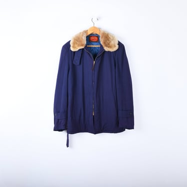 Vintage 70s Faux-Fur-Collar Jacket with Quilted Lining – Navy Blue - 1970s Vintage Jacket 