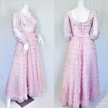 1960's Frothy Lavender Pink Flocked Velvet Ruffled Long Maxi Dress I Sz Sm I Nadine 