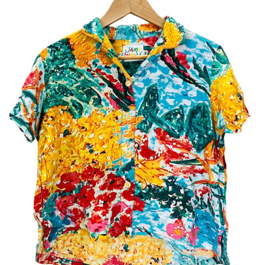 Vintage 80s Jams World Colorful Floral Print Rayon Hawaiian Shirt Women’s Medium