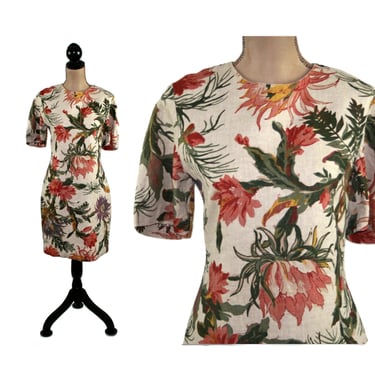 90s Floral Print Linen Dress Medium, Short Sleeve Midi Fitted Waist Oatmeal Peach Green, 1990s Clothes for Women Vintage Clothing Karen Kane 