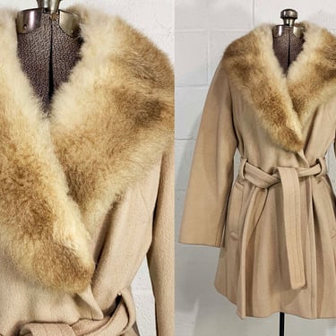Vintage Beige Felted Winter Coat Fur Collar Satin Lined Jacket Hipster Belted Boho Mod Tan Brown 1960s Medium Large 