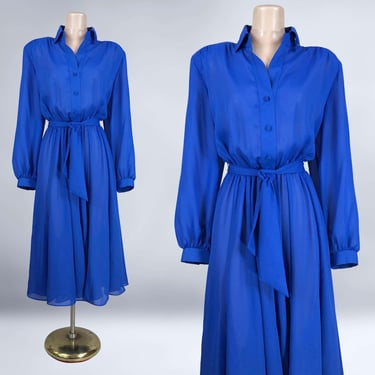 VINTAGE 80s Blue Shirt Waist Dress Size 12 By Willi of California | 1980s Crepe Belted Day Dress | VFG 