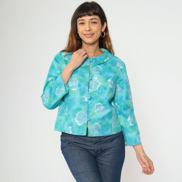 Vintage 60s Floral Jacket Jackie O Style Cropped Jacket Mod Blue Green 3/4 Sleeve Mad Men 1960s Button Up Preppy Jacket Retro Medium M 