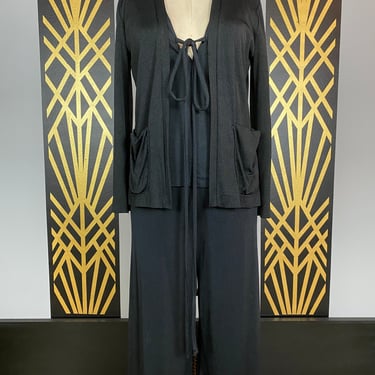 1970s pantsuit, three piece set, Black polyester, wide leg pants, low cut, disco style, medium, vintage pantsuit, 52 bond, 27 28, mod 
