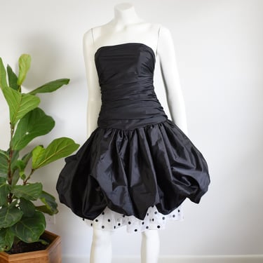 1980s Black Strapless Bubble Hem Party Dress - XXS 