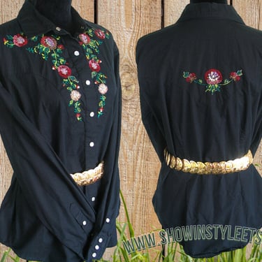 Vintage Retro Women's Cowgirl Western Shirt by Roughrider, Cowgirl Blouse, Embroidered & Beaded Flowers, Size XLarge (see meas. photo) 