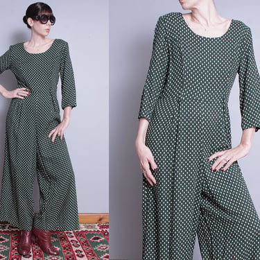 Vintage 1990's | Green | Polka Dot | Rayon | Wide Leg | Playsuit | Pant | One Piece | Loose Fitting | Jumpsuit | M 