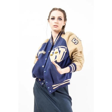 Vintage leather and wool varsity jacket / 1950s Oversized W letter football coat / Layne 