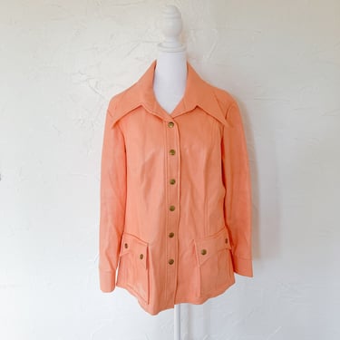 70s Faux Leather Creamsicle Peach Light Orange Vegan Pleather Pointed Collar Jacket | Large/Extra Large 