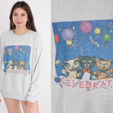 Cat Party Sweatshirt 90s Celebrate Sweater Cartoon Kittens Graphic Shirt Kitty Grey Cute Kawaii Raglan Sleeve Vintage 1990s Large xl 