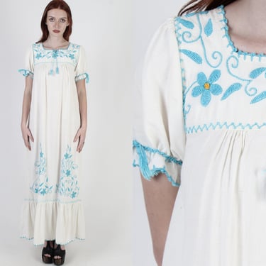 Off White Mexican Kaftan Dress / South American Cotton Caftan / Womens Hand Embroidered Floral Dress / Bright Teal Tie Sleeve Maxi 