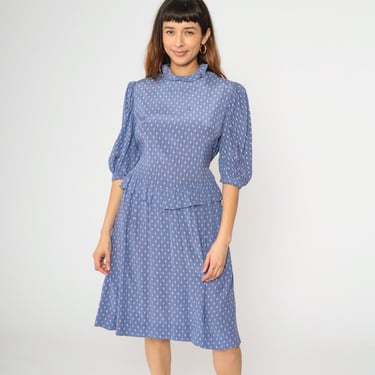 Vintage Blue Diamond Midi Dress 80s Stripe Print Peplum Low Waist Puff Sleeve High Neck 1980s Secretary Dress Tie Back Pocket Medium M 