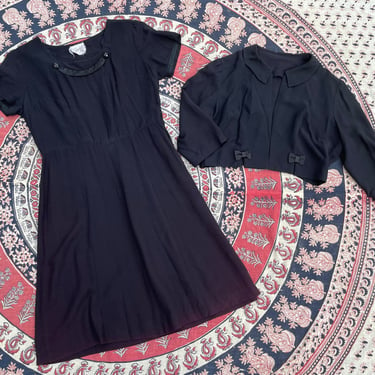True vintage ‘50s black dress with cropped jacket set | witchy, costume, dress has some fading, M 