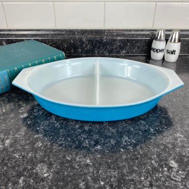 Pyrex Turquoise Divided Dish | 1950s Vintage Pyrex Oval Divided Serving Dish 1 1/2 Quarts | Blue Turquoise Dish, white milk Glass, Old Dish 