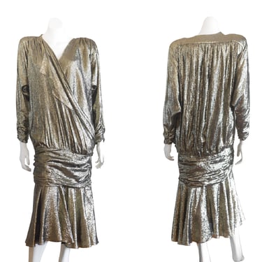 1980s drop waist gold lurex evening dress 