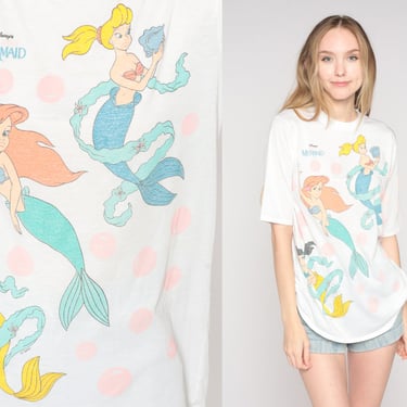 The Little Mermaid Shirt 90s Disney Ariel T-Shirt Under The Sea Kawaii Cartoon Graphic Tee Single Stitch White Vintage 1990s Small Medium 
