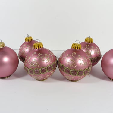 Vintage Pink Satin Glass Ornaments with Lace and Glitter - 6 Pink Glass Krebs Christmas Balls 